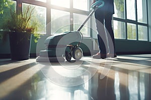 Janitor cleaning floor with polishing machine indoors. Scrubber machine for stone or parquet floor cleaning. Generative AI