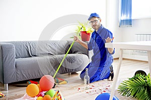 Janitor cleaning a mess