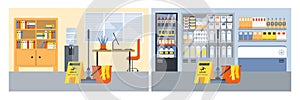 Janitor equipment in the office and supermarket - bucket, mop and caution yellow sign, flat vector illustration.