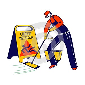 Janitor Male Character Mopping and Cleaning Floor with Yellow Caution Sign Warning People to be Careful