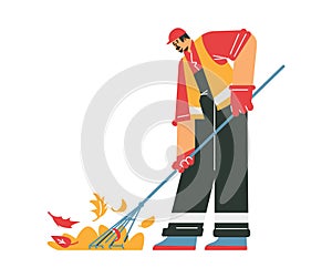 Janitor in uniform sweeping yellow leaves with broom, vector cartoon street cleaner worker service garbage man working