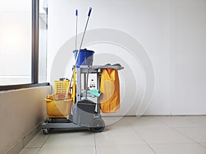 Janitorial, cleaning equipment and tools for floor cleaning at the airport terminal