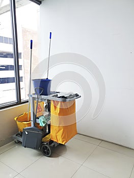 Janitorial, cleaning equipment and tools for floor cleaning at the airport terminal