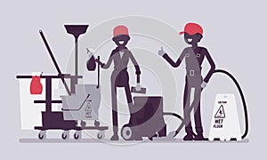 Janitors team working with professional tools