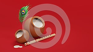 Janmashtami Hindu festival. Dahi handi, bansuri and peacock feather on a red surface with copy space. 3D rendering illustration