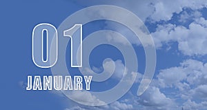 january 01. 01-th day of the month, calendar date.White numbers against a blue sky with clouds. Copy space, winter month