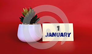 January 1 on a yellow sticker. Next to it is a pot with a flower on a red background