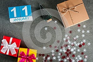 January 11th. Image 11 day of january month, calendar at christmas and happy new year background with gifts