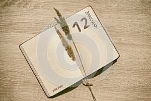 january 12. 12th day of month, calendar date.Blank pages of notebook are beige, with dried spikelets. Concept of day of