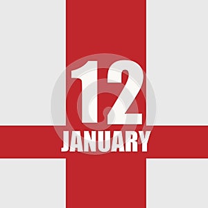 january 12. 12th day of month, calendar date.White numbers and text on red intersecting stripes. Concept of day of year