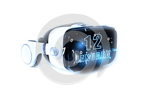 january 12th. Day 12 of month,calendar date month and day glows on virtual reality helmet or VR glasses. Virtual technologies,