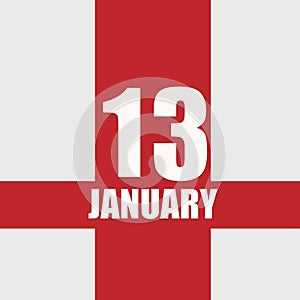 january 13. 13th day of month, calendar date.White numbers and text on red intersecting stripes. Concept of day of year