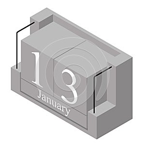 January 13th date on a single day calendar. Gray wood block calendar present date 13 and month January isolated on white