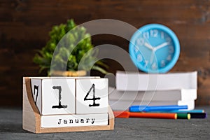 January 14th. January 14 on wooden cube calendar