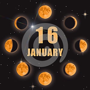 january 16. 16th day of month, calendar date.Phases of moon on black isolated background. Cycle from new moon to full