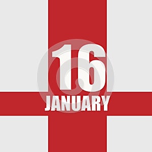 january 16. 16th day of month, calendar date.White numbers and text on red intersecting stripes. Concept of day of year