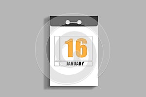 january 16. 16th day of month, calendar date.White page of tear-off calendar, on gray insulated wall. Concept of day of