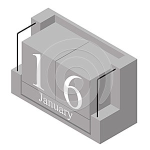 January 16th date on a single day calendar. Gray wood block calendar present date 16 and month January isolated on white
