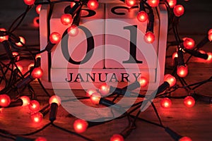 January 1st calendar with red fairy lights