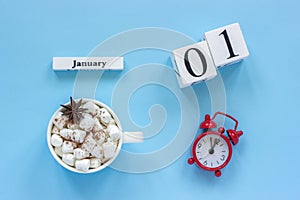 January 1st Cup of cocoa with marshmallows and alarm clock