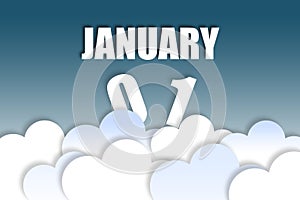 january 1st. Day 1 of month, Month name and date floating in the air on beautiful blue sky background with fluffy clouds. winter