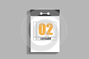 january 2. 2th day of month, calendar date.White page of tear-off calendar, on gray insulated wall. Concept of day of