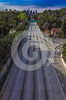 JANUARY 20, 2019, LOS ANGELES, CA, USA - Pasadena Freeway  (Arroyo Seco Parkway) CA 110  empty highway leads to downtown Los Angel