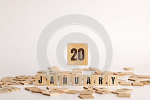 January 20 displayed on wooden letter blocks on white background