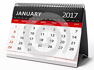 January 2017 desktop calendar. 3D illustration