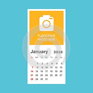 January 2018 calendar. Calendar planner design template with place for photo. Week starts on sunday. Business vector illustration.