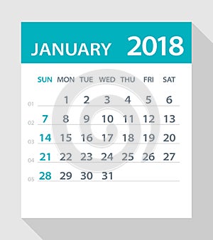 January 2018 Calendar Flat Leaf - Illustration