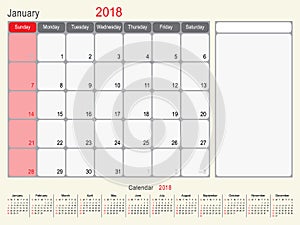 January 2018 Calendar Planner Design
