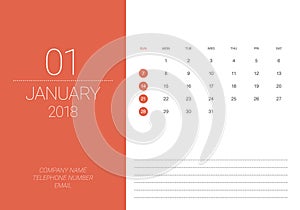 January 2018 desk calendar vector illustration