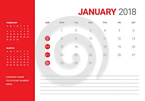 January 2018 desk calendar vector illustration