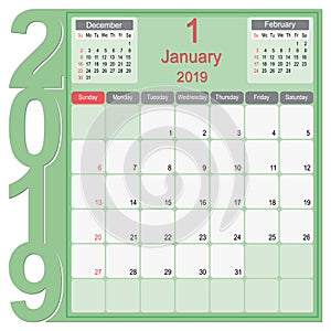 January 2019 Calendar Monthly Planner Design