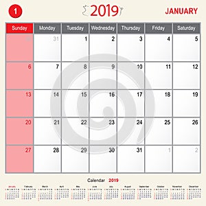 January 2019 Calendar Monthly Planner of Pig Design