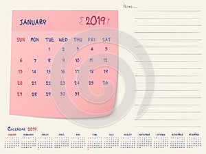 January 2019 Calendar Paper Note Design