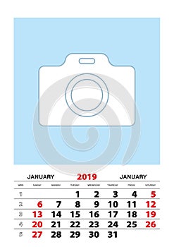 January 2019 calendar planner A3 size with place for your photo