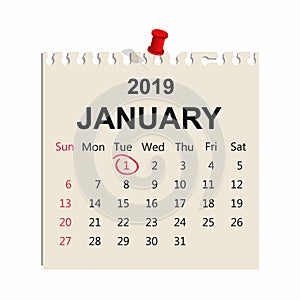 January 2019. Calendar sheet. January 1, New Year