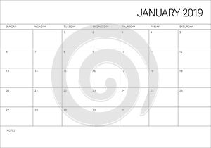 January 2019 desk calendar vector illustration, simple and clean design