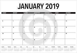 January 2019 desk calendar vector illustration, simple and clean design