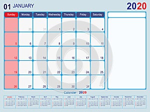 January 2020 Calendar Monthly Planner Design