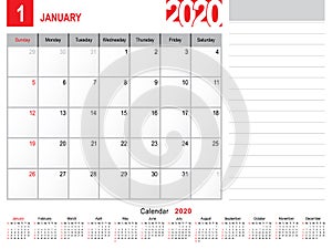 January 2020 Calendar Monthly Planner Design