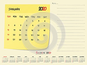 January 2020 Calendar Paper Note Design