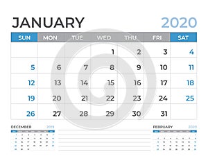 January 2020 Calendar template, Desk calendar layout  Size 8 x 6 inch, planner design, week starts on sunday, stationery design