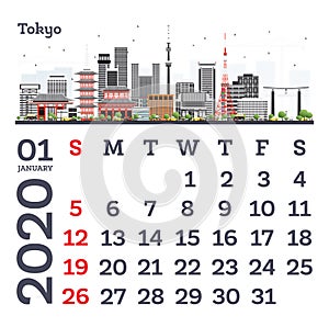 January 2020 Calendar Template with Tokyo City Skyline