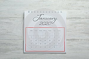 January 2020 calendar on white wooden background