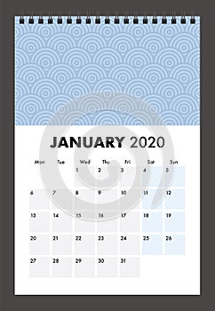 January 2020 calendar with wire band