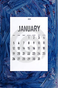 January 2020 simple calendar on trendy classic blue color