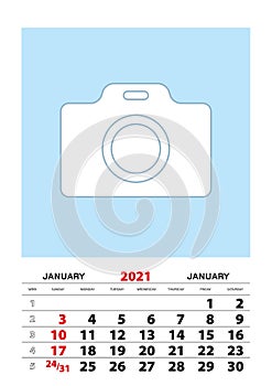 January 2021 calendar planner A3 size with place for your photo